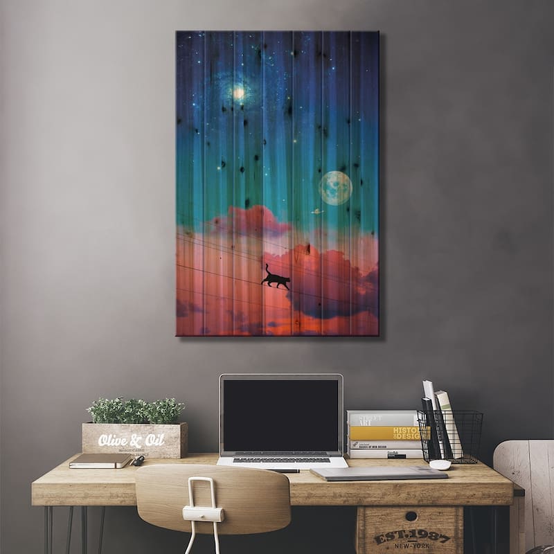 Cat Silhouette In The Sky And Moon Print On Wood by GEN Z - Multi-Color