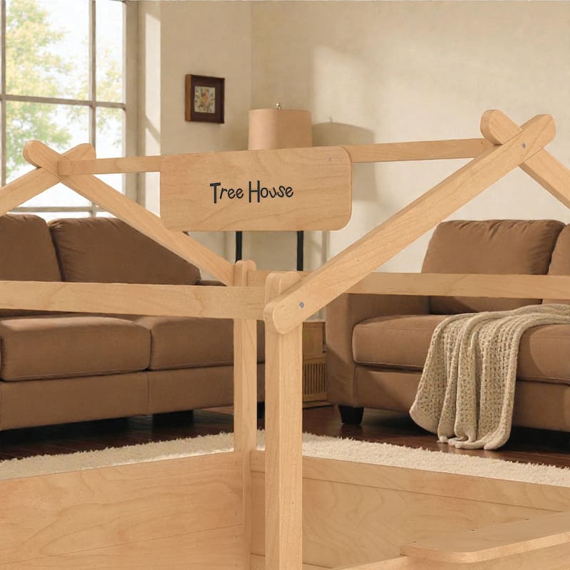 Kids House Floor Bed with Guardrails and Roof, Built-in Tray and Signboard, Montessori Floor Bed for Toddlers