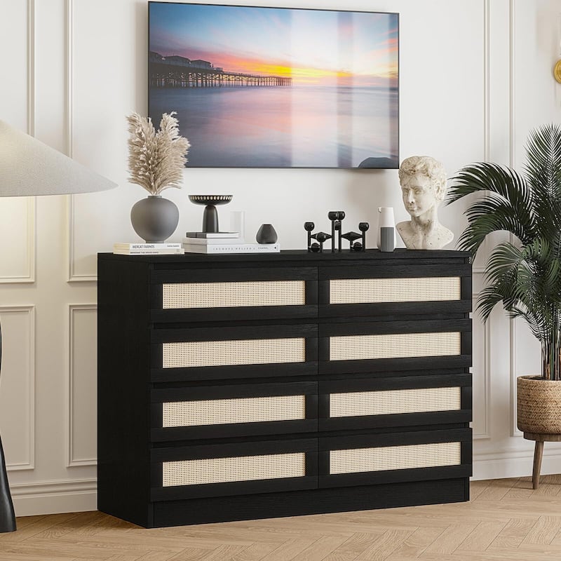 Rattan Dresser for Bedroom, Closet, Wooden Dresser with 8 Drawers, Modern Chest of Drawers with Large Storage