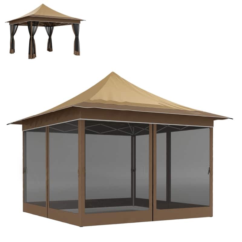 Oxford Fabric Metal Gazebo Tent with Mesh - 140.6" L x 140.6" W x 122" H - Brown