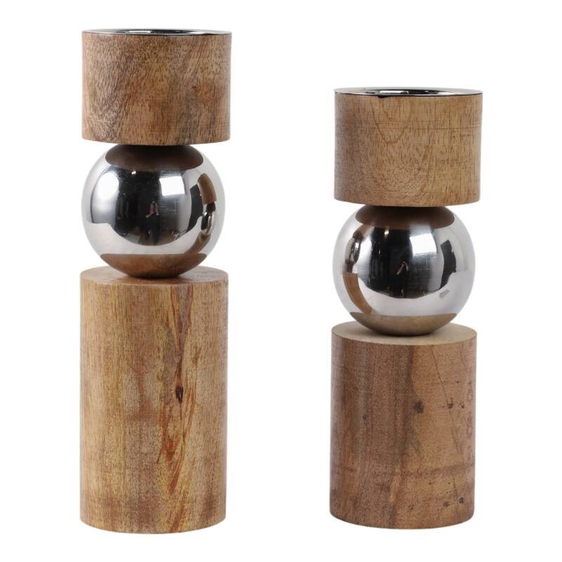 Candle Holders Set of 2 - Tan Wood Iron Sphere, 11/13" - 13.0"