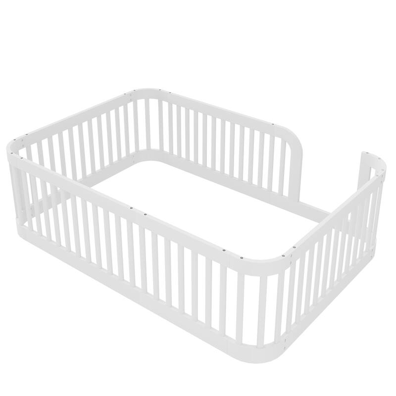 Full Size Wood Floor Bed Frame with Fence, White - Safe and Stylish for Kids