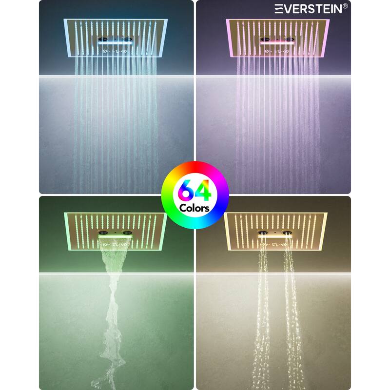 Thermostatic Music Shower System Dual Heads 16" & 6" Rainfall Waterfall LED Shower Head with High Pressure Handheld Spray