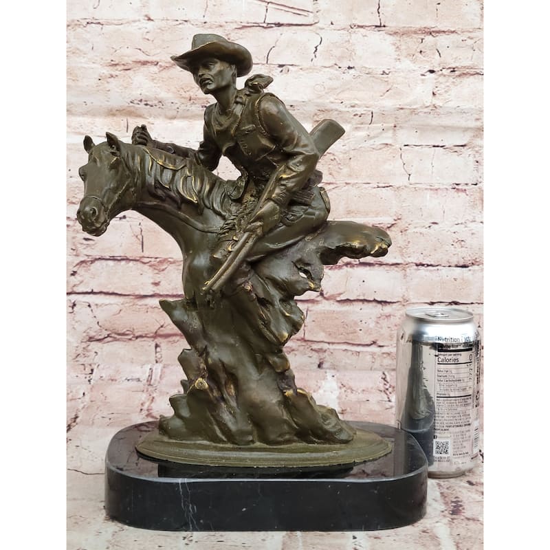 Cowboy With Rifle On Rearing Imitative Horse Bronze Sculpture - Wild West Equestrian Art