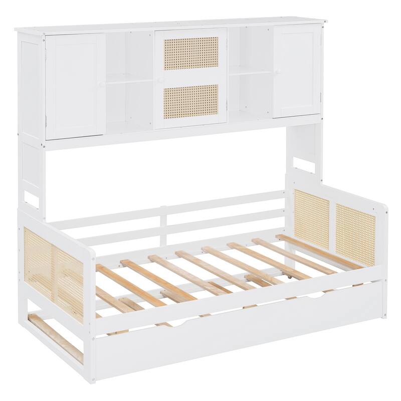 Wood Full Size Daybed with Built-In Storage Cabinet, Shelves & Twin Trundle, Rattan Accent, No Box Spring Needed