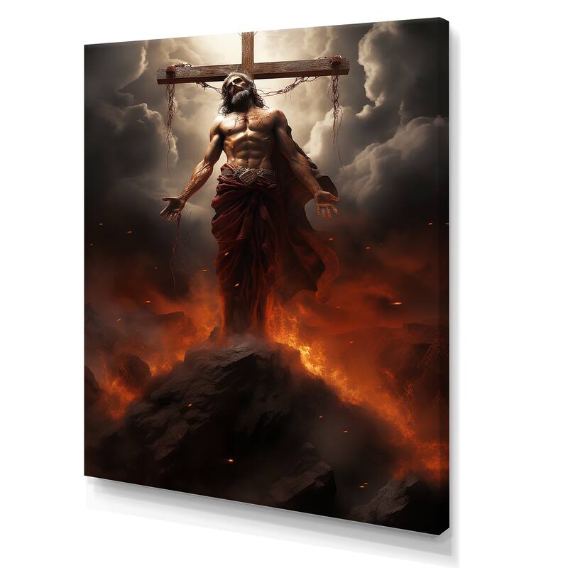 Designart "Jesus Christ Holy Cross Divine II" Christianism Wall Art Orange Traditional Wrapped Canvas For Hallway Décor