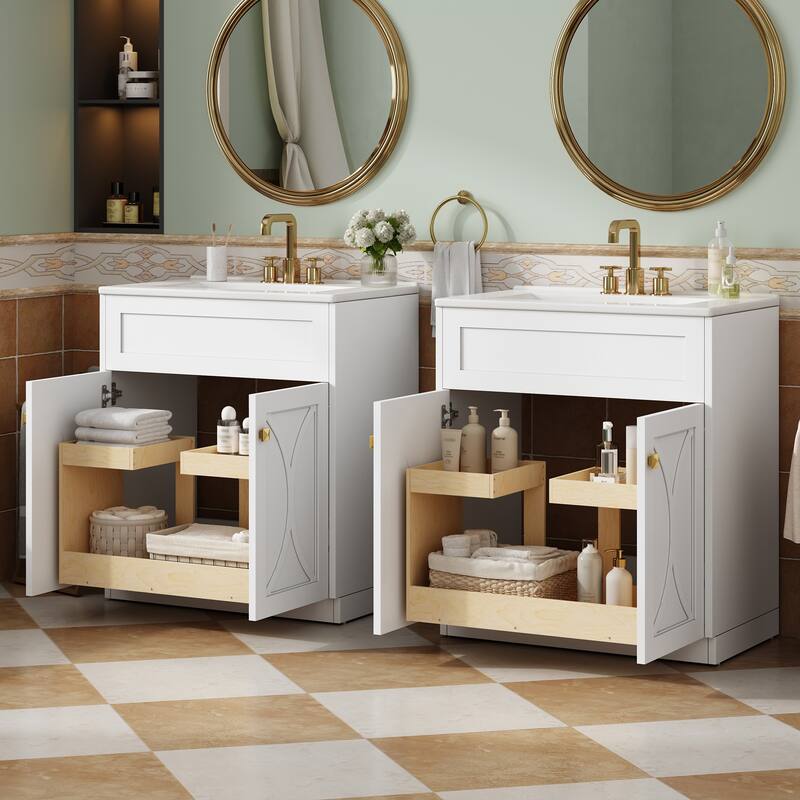 60"Bathroom Vanity with Ceramic Sink Combo, Modern Freestanding Storage Cabinet with Gold Handles, Soft Closing Doors