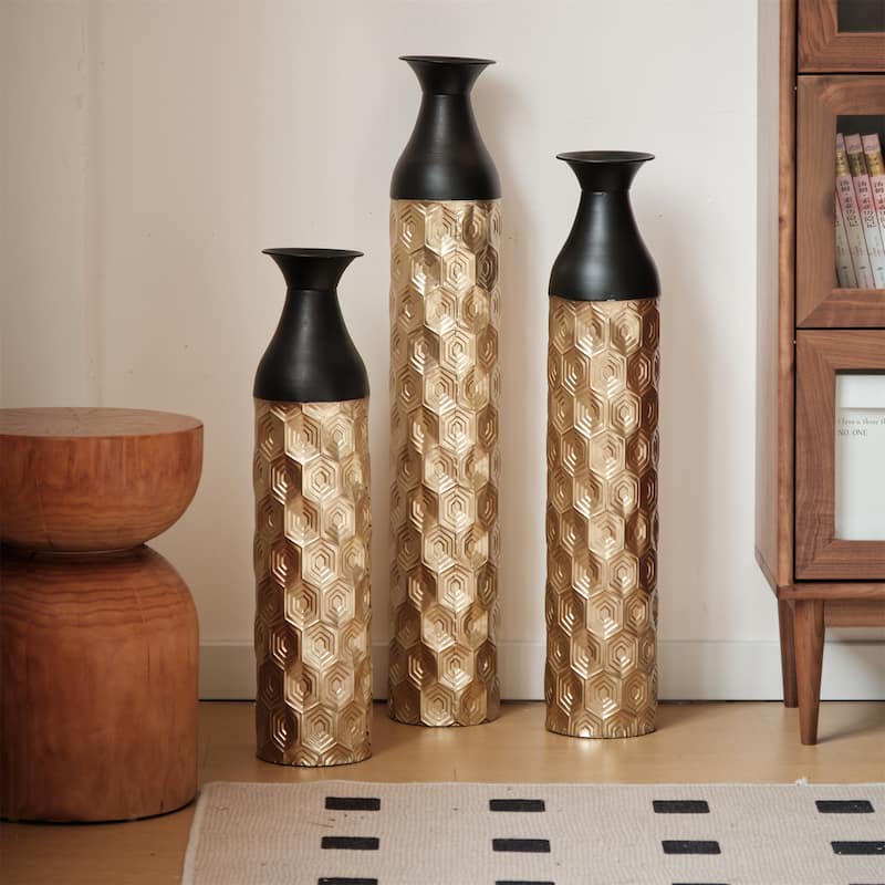 Decorated Floor Glazed Metal Vases (Set of 3)