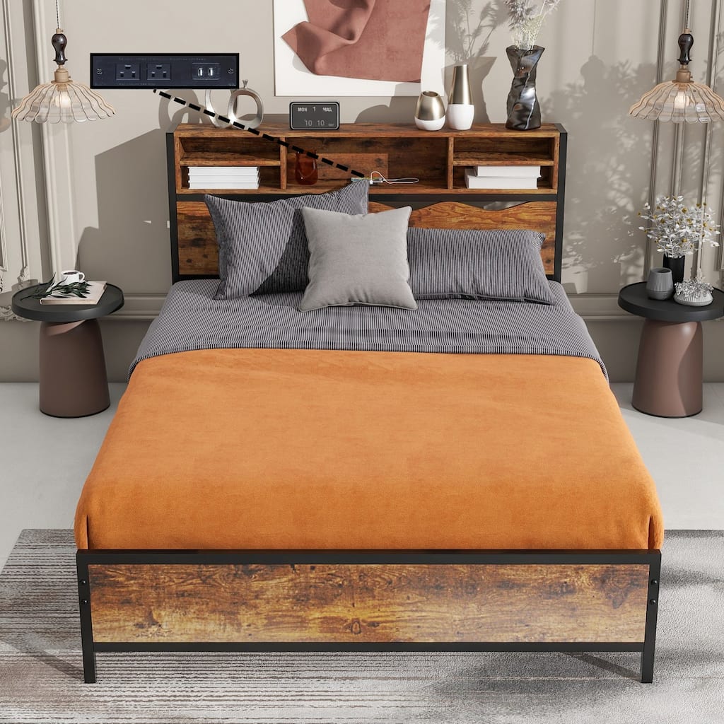 Storage Bed Frame Bookcase with Drawers + USB Ports