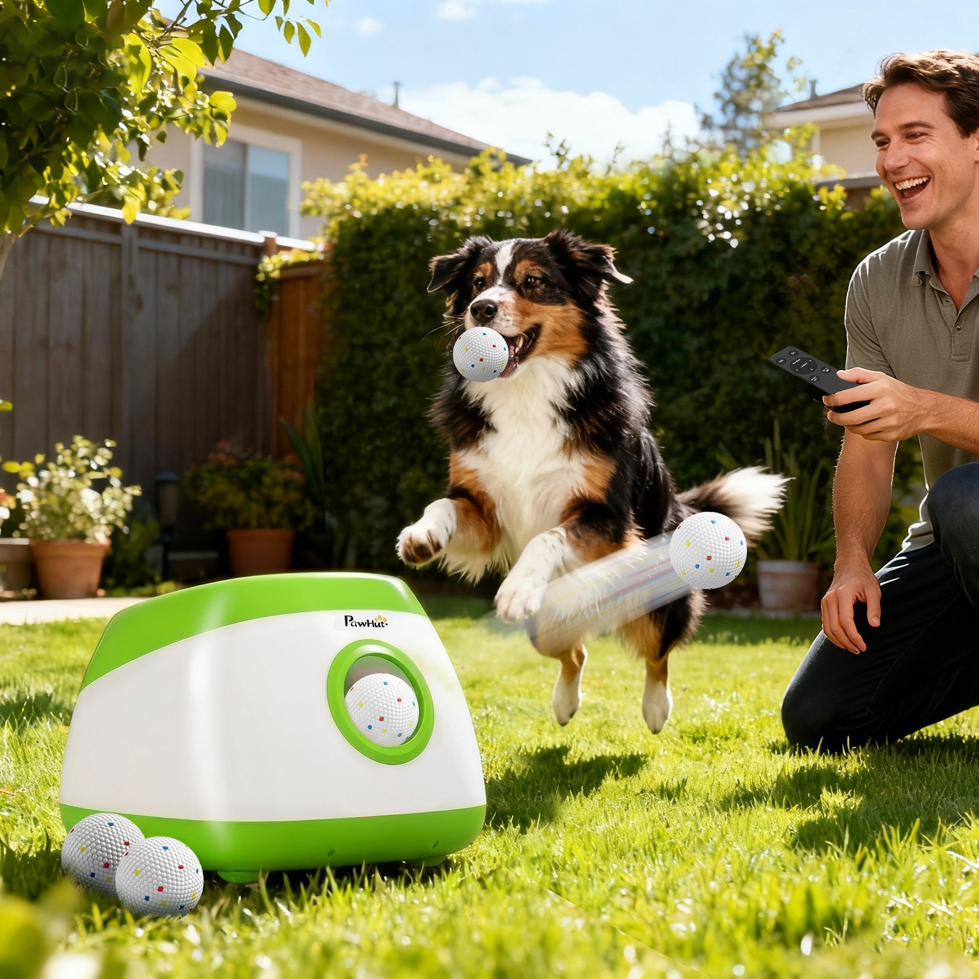 PawHut Automatic Dog Ball Launcher, Rechargeable Thrower with Remote, 3 Distances (40/60/80ft), 6 Balls, Green