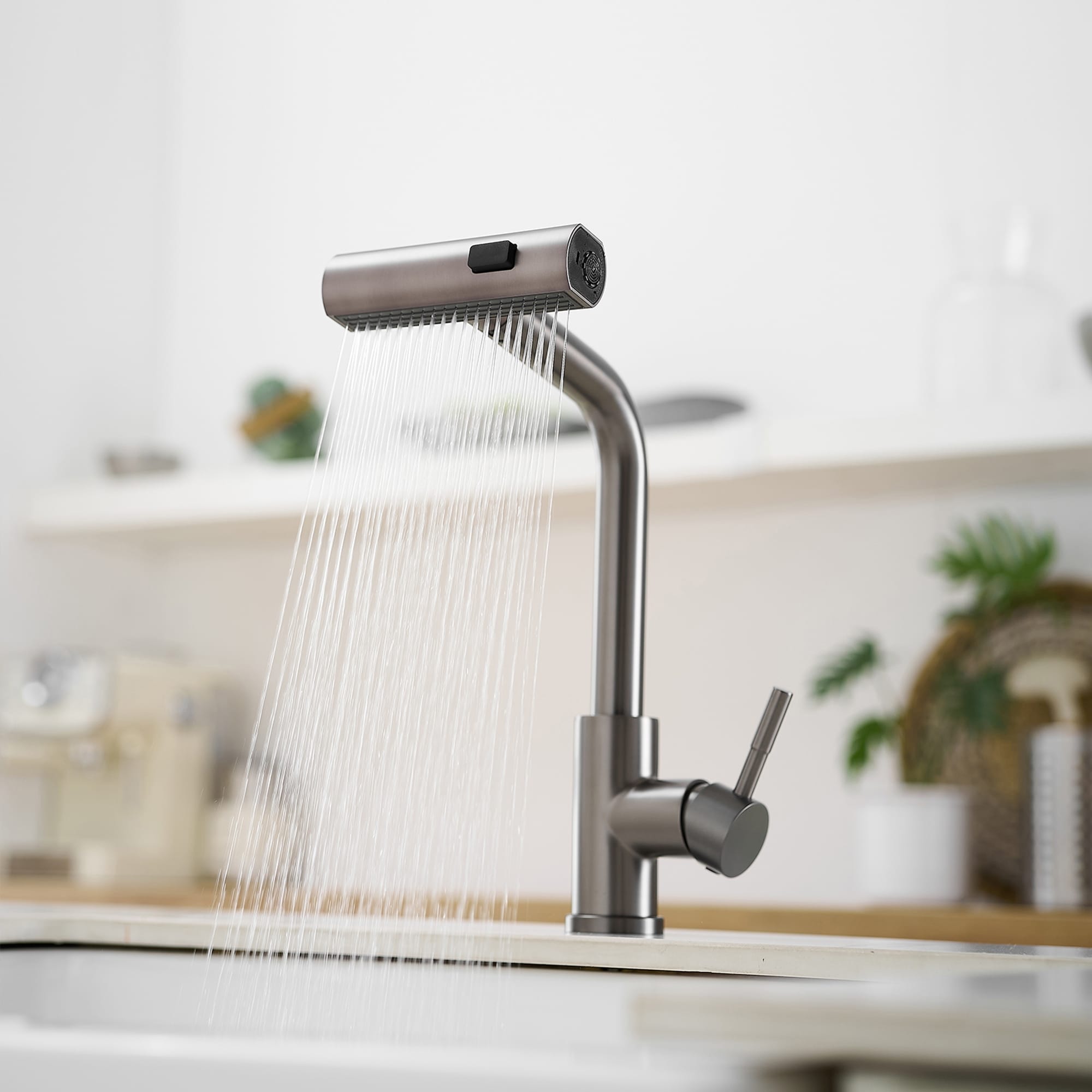 Modern Gunmetal Gray Single Handle Kitchen Faucet with Pull Out Sprayer, 3 Function Water Outlet