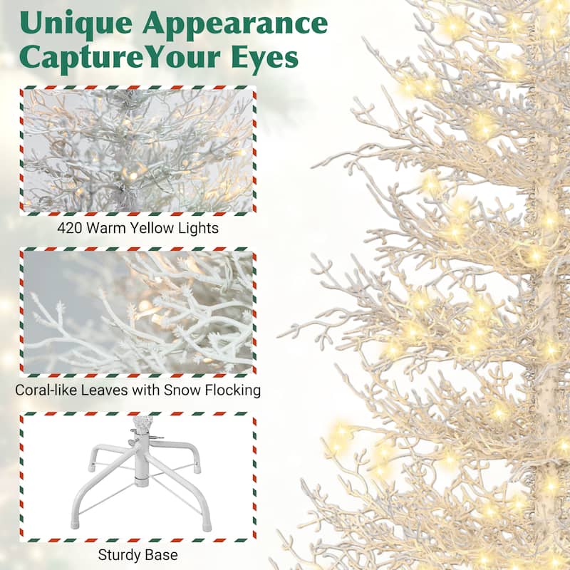 6FT Pre-lit Artificial Christmas Tree, Hinged Xmas Tree 623 Snow Flocked Branch Tips, 420 Warm Yellow LED Lights