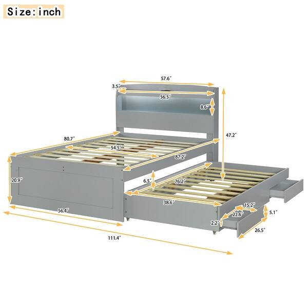dimension image slide 0 of 4, Platform Bed with Twin Size Trundle & 2 Drawers, Wooden Storage Bedframe with LED Headboard/Charging Station for Kids Boys Girls