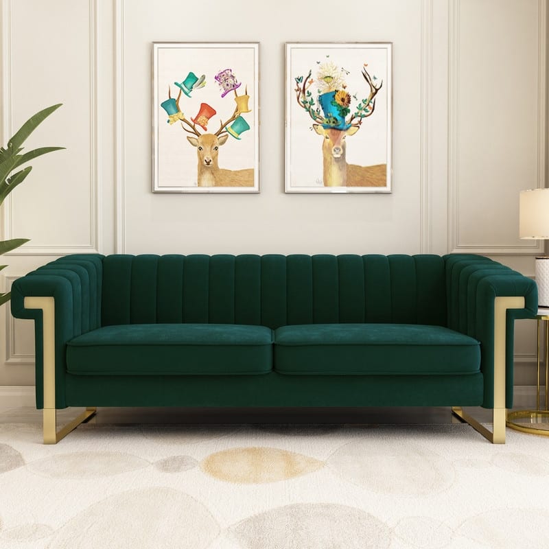 Velvet 3-Seater Sofa Living Room Couch Sofa with Deep Striped Tufting Sofa