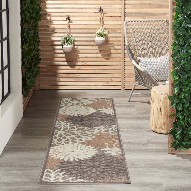 Nourison Aloha Floral Modern Indoor/Outdoor Area Rug - 2' x 6' Runner - Cream/Grey
