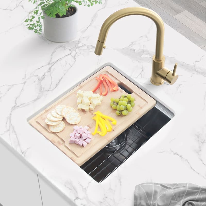 STYLISH 15 inches L x 19 inches W Single Bowl Undermount 16G Stainless Steel Kitchen Sink with Built in Accessories Handmade