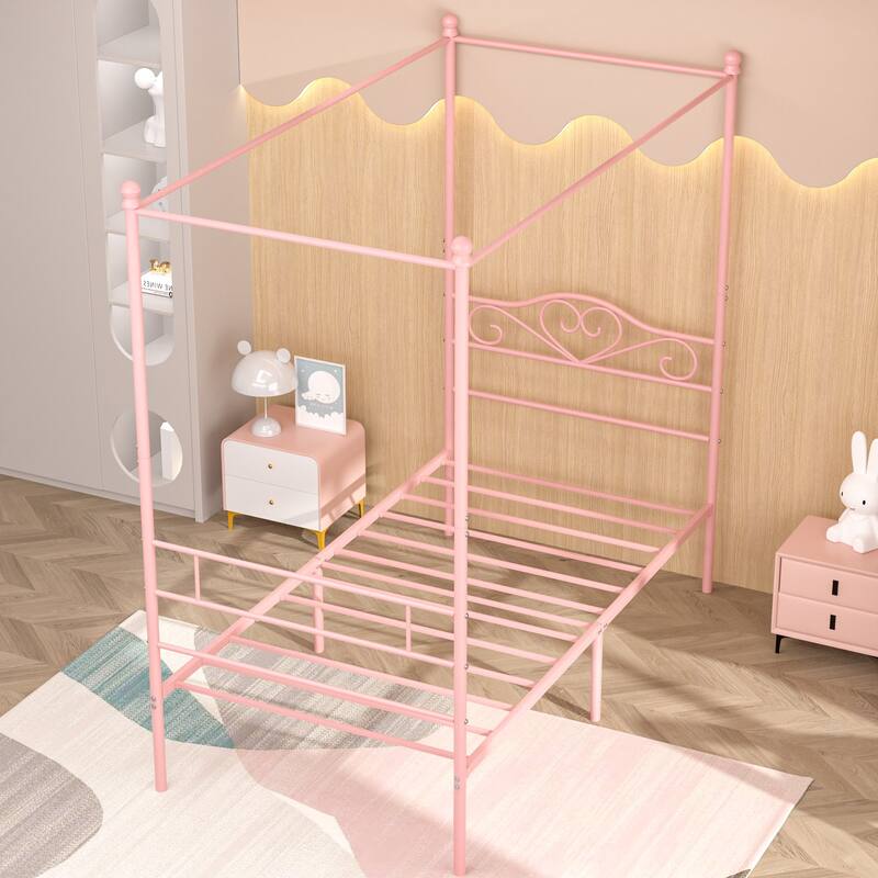 VECELO Twin Canopy Bed Frame with Headboard and Footboard, Metal Four Posters Design, Platform with Steel Slats Support