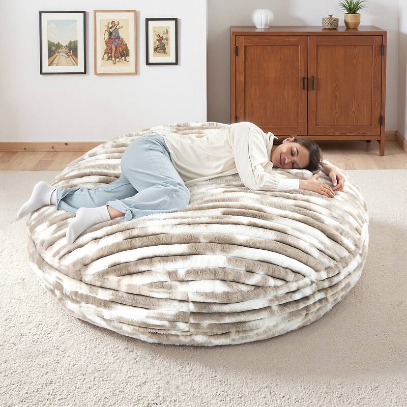 Round Bean Bag Chair and Lounger Pet-Friendly Design - WHITE/NAVY