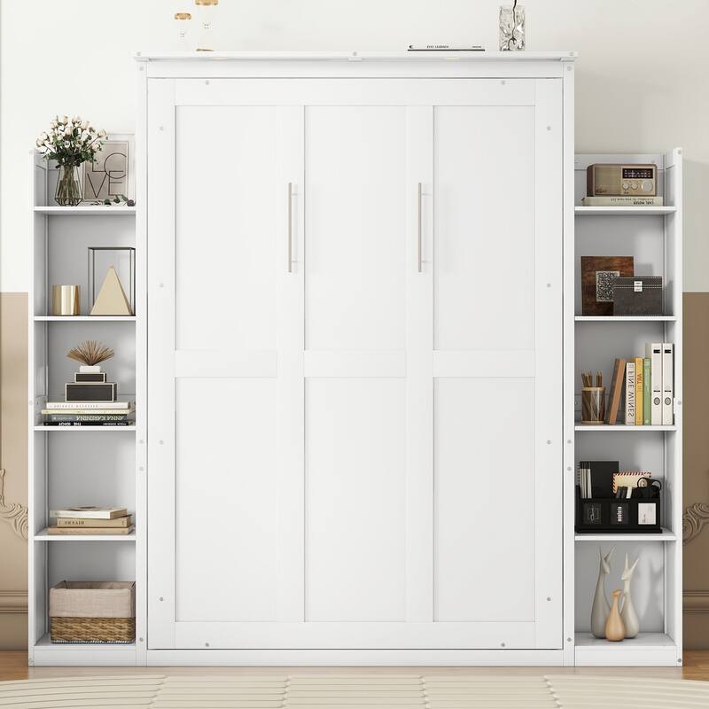 Wooden Wall Murphy Bed with Side Bookshelf & LED Lights