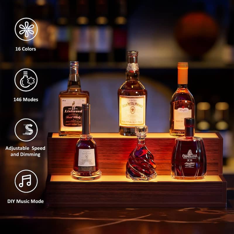 Walnut Bar Display Shelf, Freestanding Holding Bottles for Home Bar, LED Lighted Liquor Bottle Display Shelf with Remote Control
