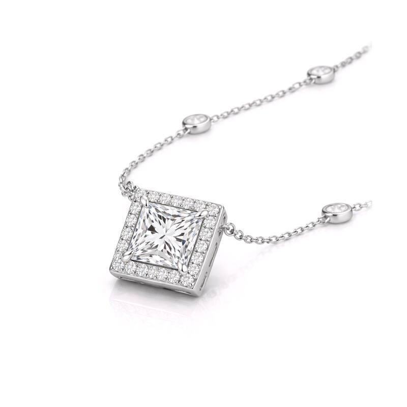 Auriya 14K Gold Lab Grown Princess Diamond Halo Pendant with Bezel Necklace 1.00 to 5.00 ct. tw. (F-G VS)