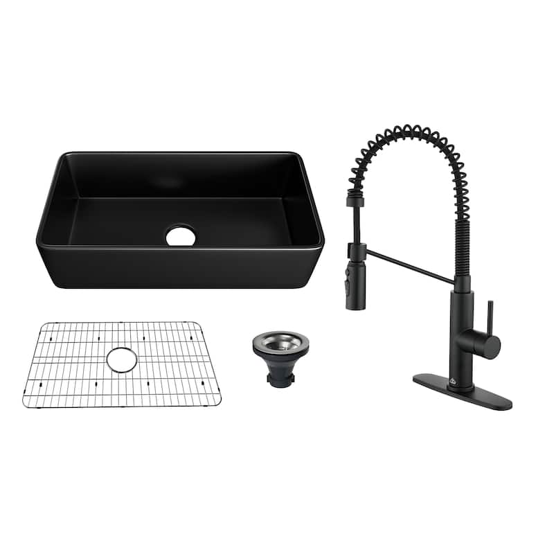 Farmhouse/Apron-Front Single Bowl Fireclay Kitchen Sink with 3-Function Pull-Down Kitchen Faucet, Grid, and Basket Strainer - 36" Matte Black Sink + Matte Black Faucet - 36 x 18 x 10