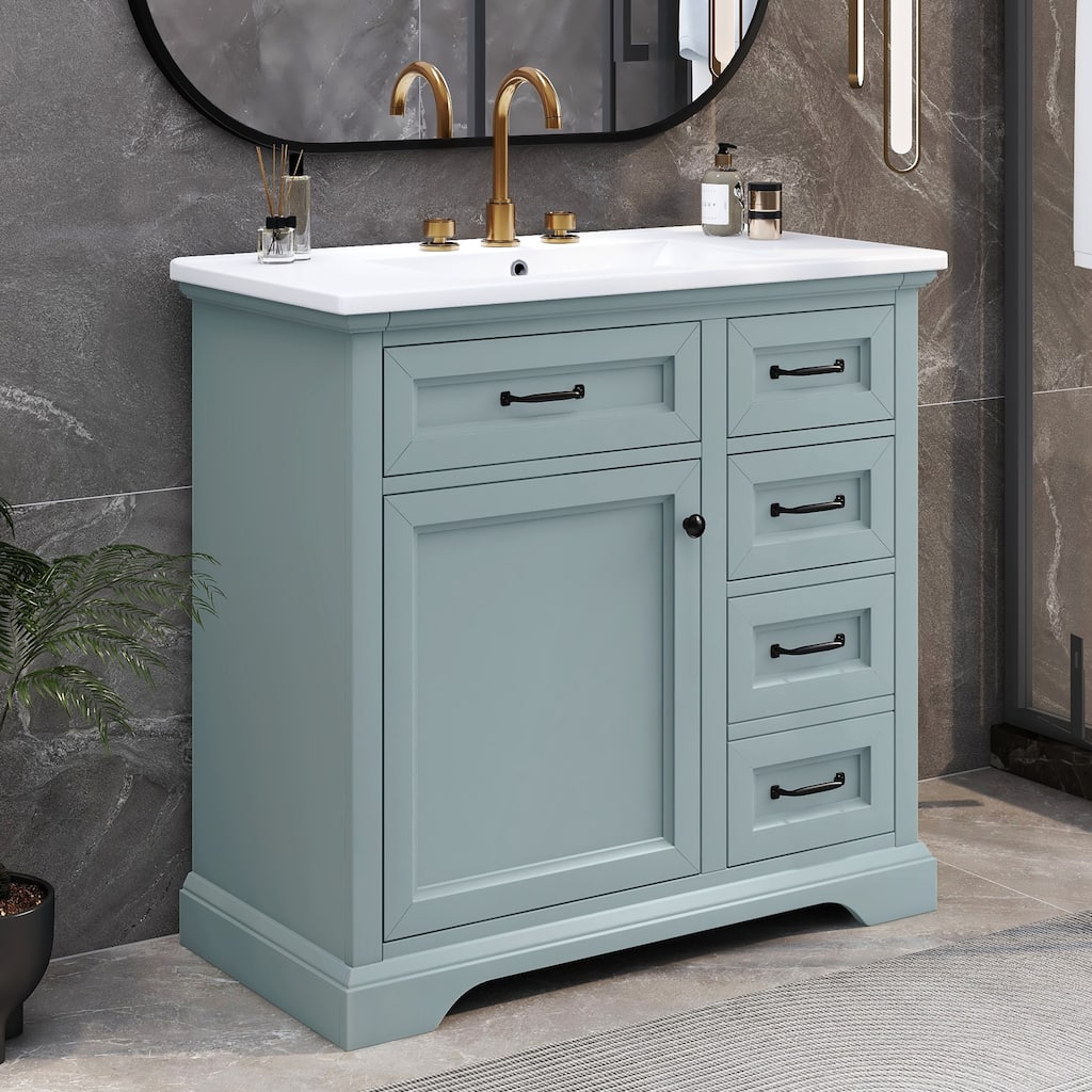 36'' Bathroom Vanity with Ceramic Sink, Solid Wood Frame Modern Storage Cabinet with Tip-Out Drawer & Soft Closing Doors