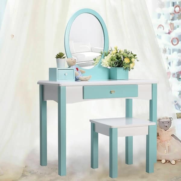 Wooden Cute Kids Vanity Set Makeup Table With Stool And Real Mirror Overstock 31519229 More than 32 kids vanity table at pleasant prices up to 30 usd fast and free worldwide shipping! wooden cute kids vanity set makeup table with stool and real mirror