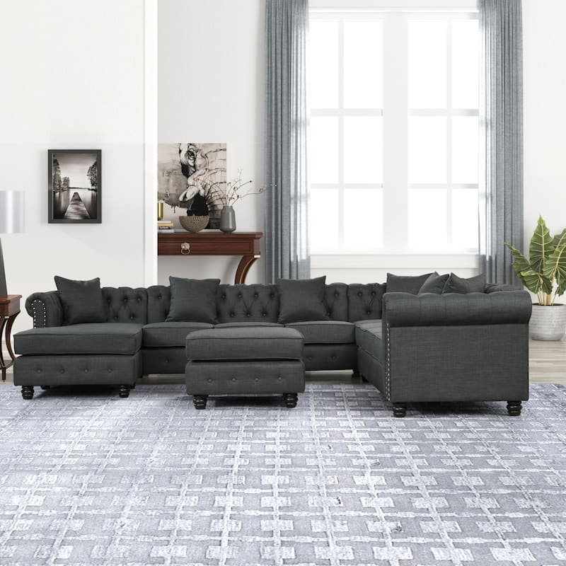 Chesterfield Sectional Sofa with Ottoman and 6 Pillows U-Shape Linen Fabric Sofa with Chaise and Rubberwood Legs for Living Room