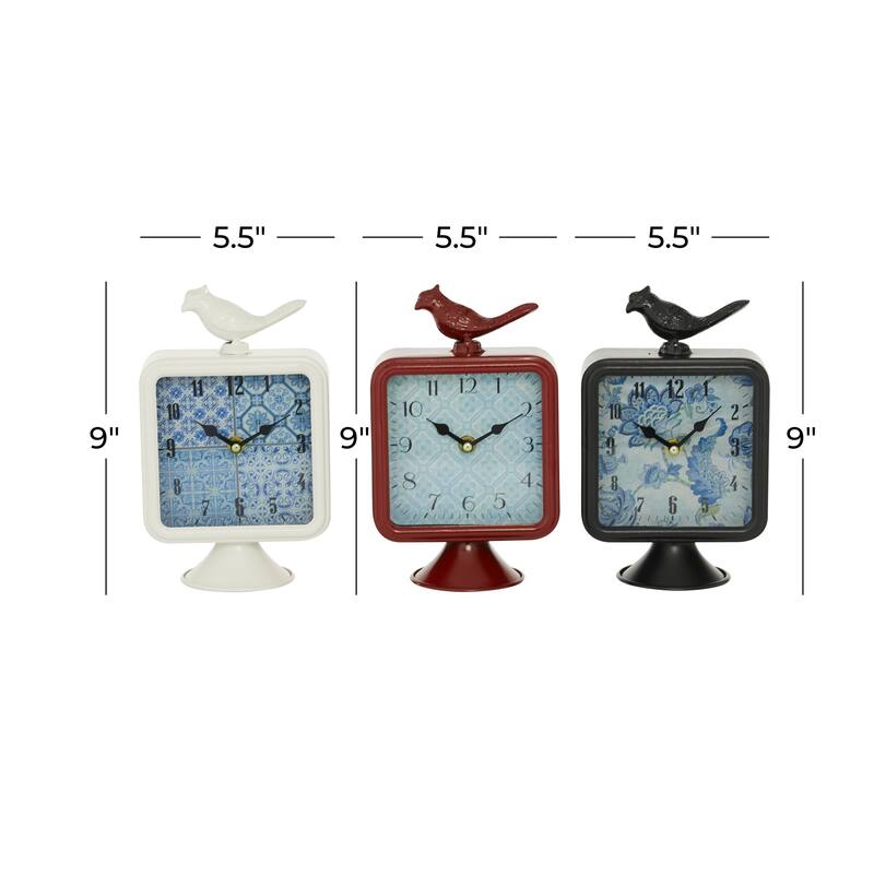 Metal Bird Clock - Set of 3 Multi Colored - Roche River Decor - 3"W x 6"L x 9"H