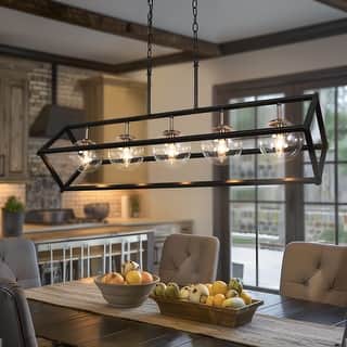 Modern Farmhouse 5-Light Geometric Chandeliers Black Gold Glass Island Light for Dining Room - 41.5"L x 20"Wx 23.5"H