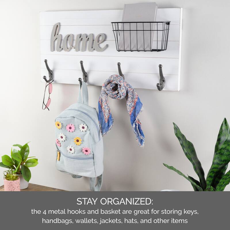 Melannco Home Wall Plaque with Metal Hooks and a Basket, 24 Inch