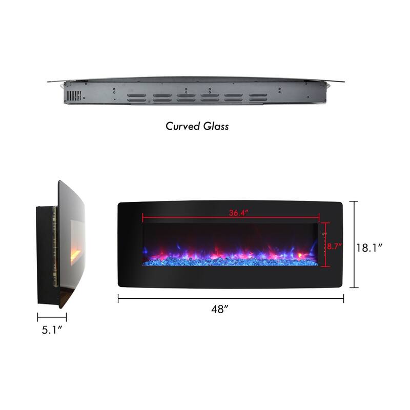 48" Curved Electric Fireplace Wall Mounted or Tabletop, Remote, Multi-Color Flames, Adjustable Heat and Backlight