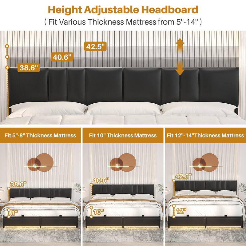 Upholstered Bed Frame with Height Adjustable Headboard,with RGB LED Light and Charging Hub