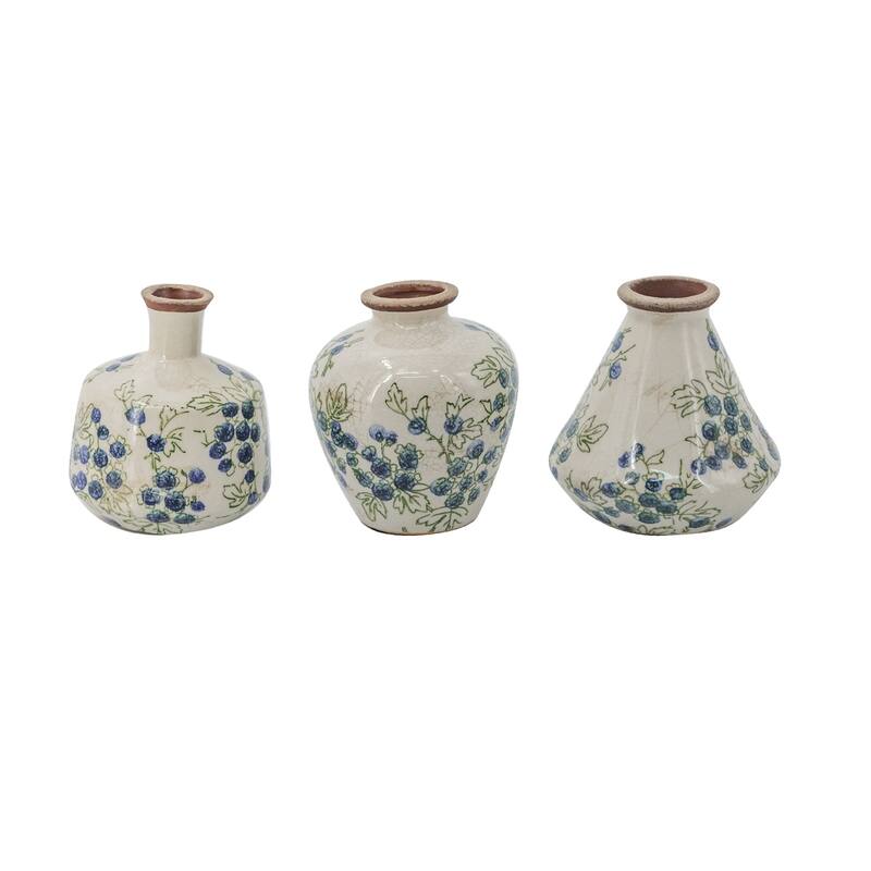 S/3 White Ceramic Mini Vases With Blue Berry Motif