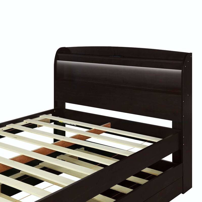 Platform Bed with Storage LED Headboard, Charging Station, Twin Size Trundle and 2 Drawers