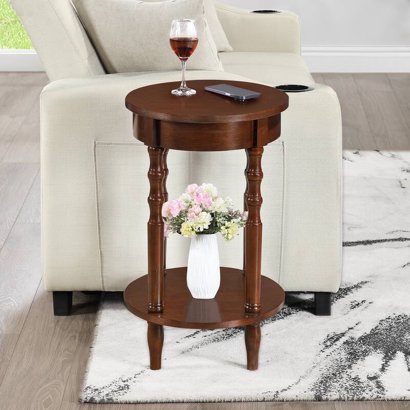 Oval End Table with Shelf Two-Tier Display Storage Solid Wood Legs Veneer Finish Versatile Nightstand Accent Piece - 20.5