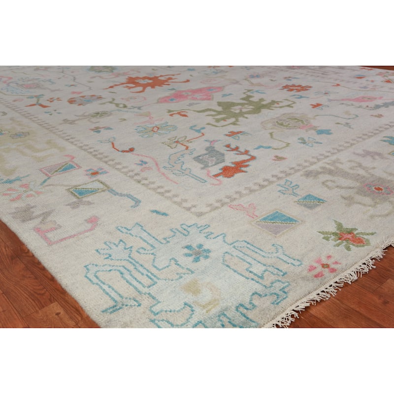 Floral Oushak Indian Area Rug Transitional Handmade Wool Carpet - 8'11" x 12'2" - 8'11" x 12'2" - Grey