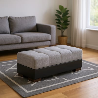 HomeRoots 52" Gray Black Brown and Gray Chenille And Faux Leather Storage Ottoman