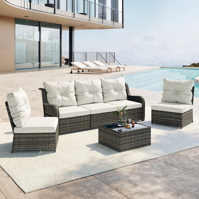 5-Person Outdoor Wicker Patio Conversation Sets with Table and Cushion - Beige