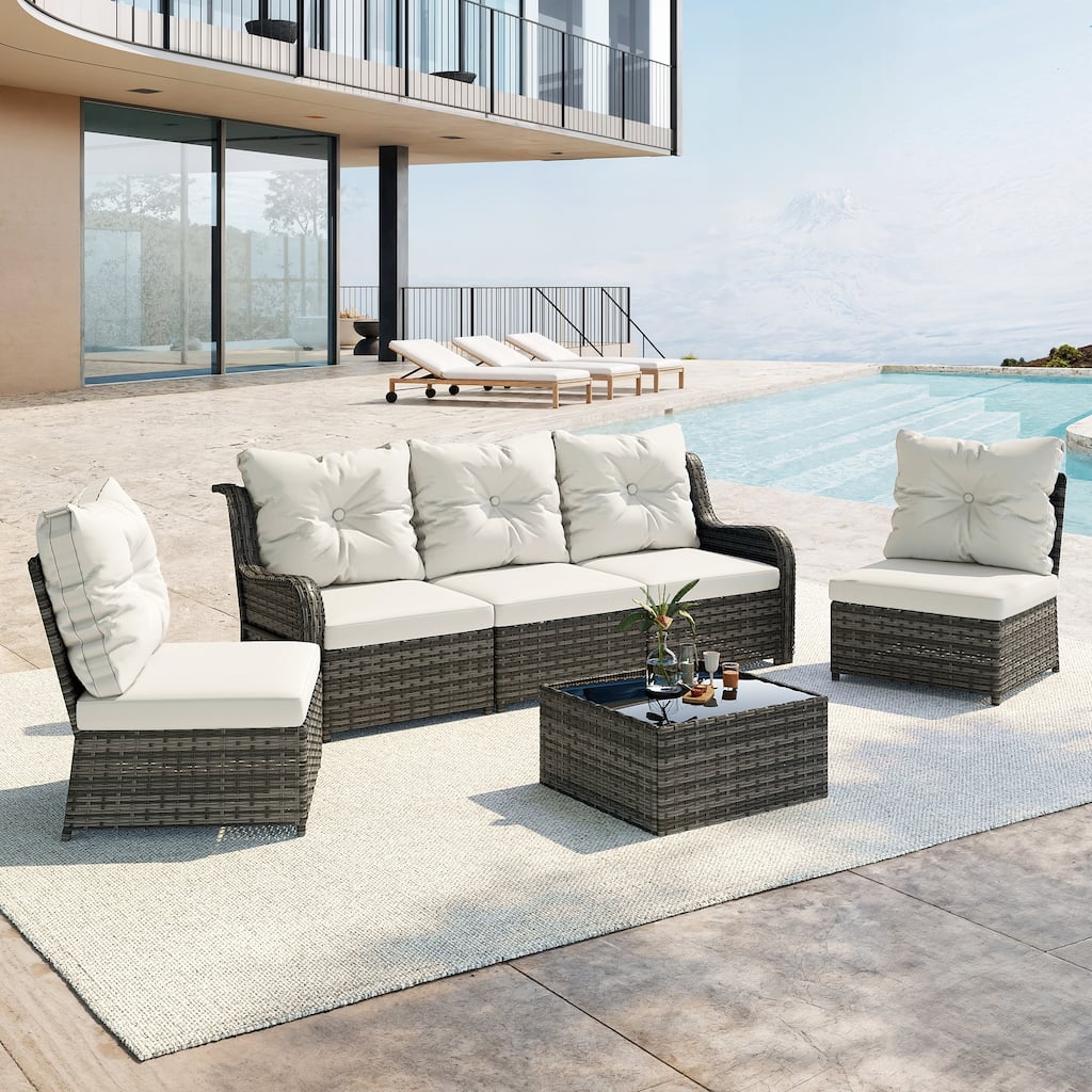 5-Person Outdoor Wicker Patio Conversation Sets with Table and Cushion