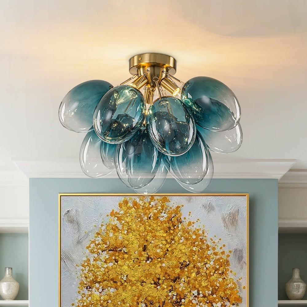 Cluster Blue Tinted Glass Globe Oval Bubble Semi Flush Chandelier
