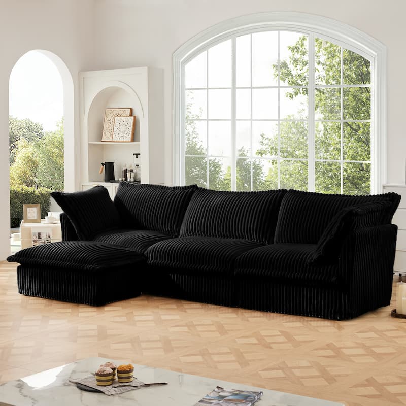 Modern L-Shaped 3-Seater Slipcovered Corduroy Sectional with Ottoman