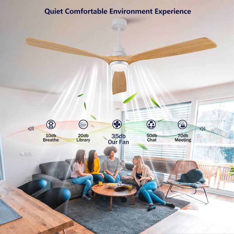 72" Ceiling Fan w/ 3 Color Dimmable 3 Solide Wood Blades Remote Control Reversible DC Motor