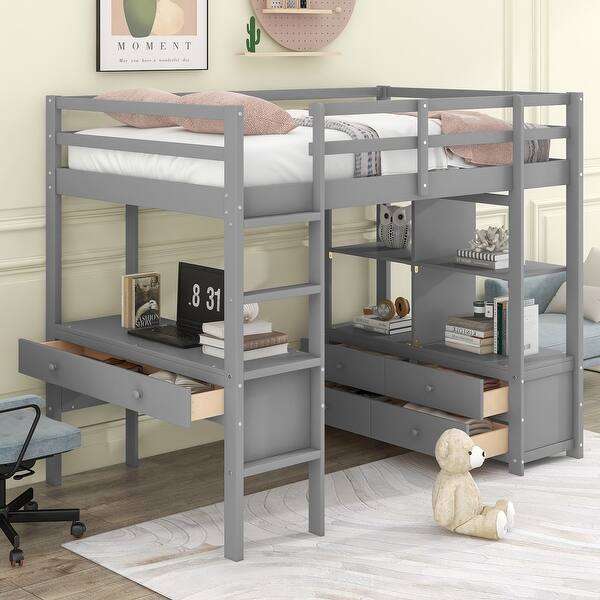 slide 2 of 13, Twin Size High Loft Bed with Built-in Desk, Multi-Functional Wooden Loft Platform Bed Frame with Storage Shelves and Drawers Gray - Twin