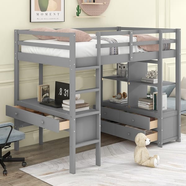 slide 2 of 22, Twin Size Loft Bed with Built-in Desk and 2-Drawers, Storage Shelves, Space-Saving Design, Sturdy Pine Wood Bed Frame, Grey