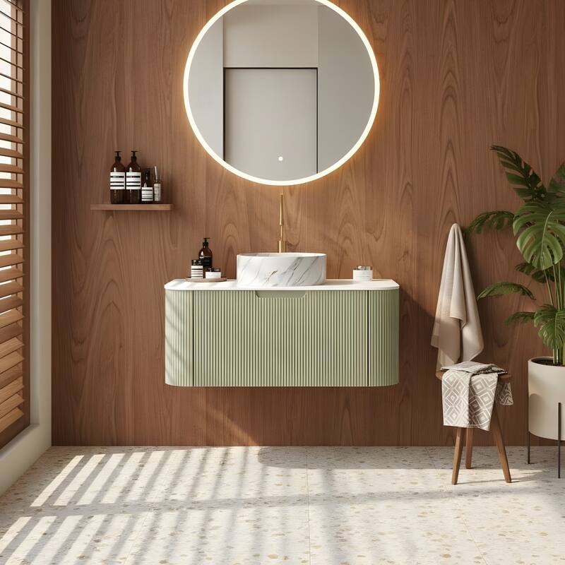 Floating Bathroom with Round Ceramic Basin and Storage Drawer