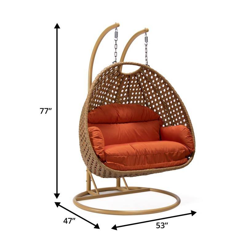 LeisureMod Mendoza 2-Person Hanging Egg Swing Chair - Handcrafted Light Brown Wicker, Patio Hammock Lounger with Cushions - 53"
