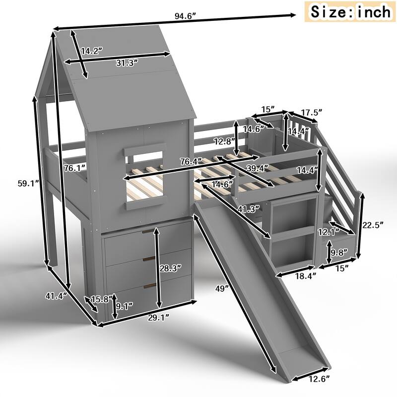 Twin House Loft Bed with Slide and Stairs, Storage Cabinets and Removable Desk, Kids Space Saving Loft Bed