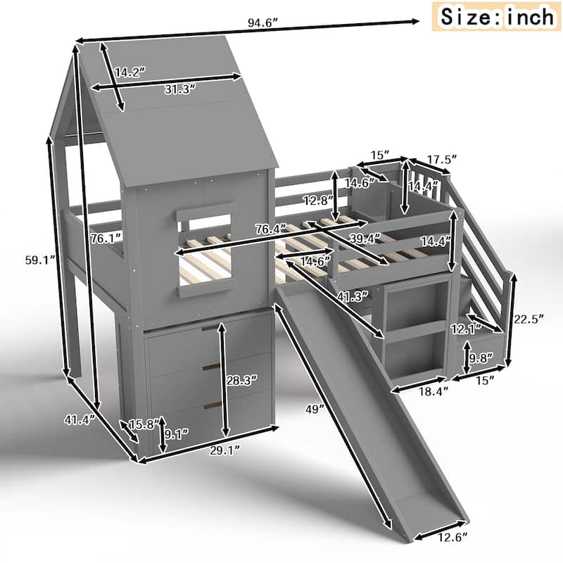 Twin Loft Bed with Storage Cabinets and Removable Desk, Kids House Loft Bed with Slide and Stairs, Childlike